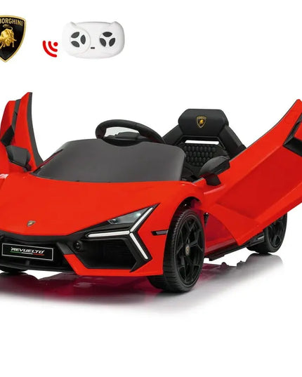 Red toy car with open doors and a remote control, featuring the Lamborghini logo.