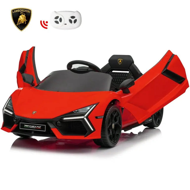 Red toy car with open doors and a remote control, featuring the Lamborghini logo.