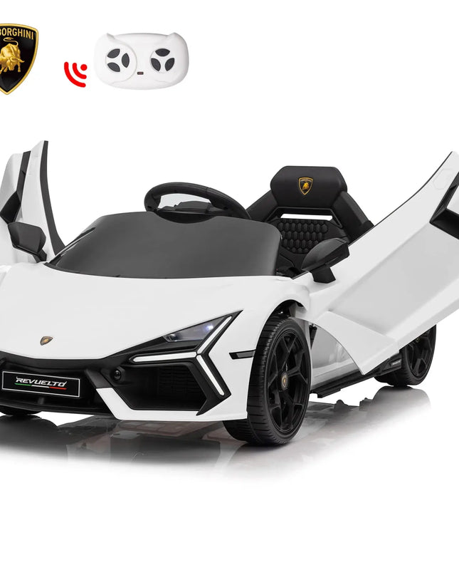 White toy car with open doors and Lamborghini logo on a white background