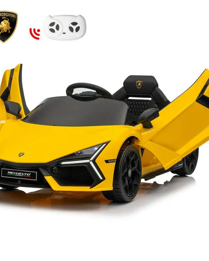 Yellow toy car with open doors and Lamborghini logo on a white background
