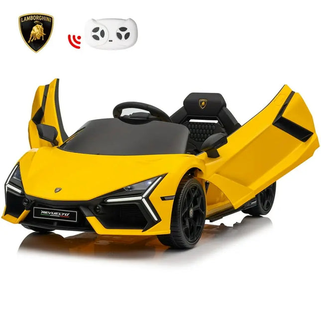 Yellow toy car with open doors and Lamborghini logo on a white background