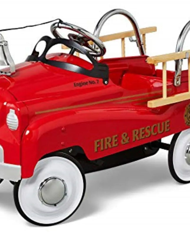 Red toy fire truck with a wooden ladder on a white background