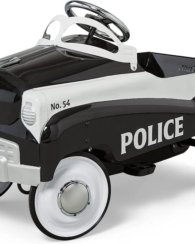 Children's toy police car with black and white color scheme on a white background