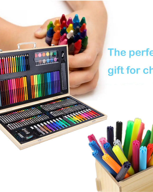 Colorful art set with crayons and markers in a wooden box, held by a person.