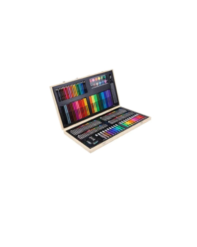 Set of colored pencils in a wooden box on a white background