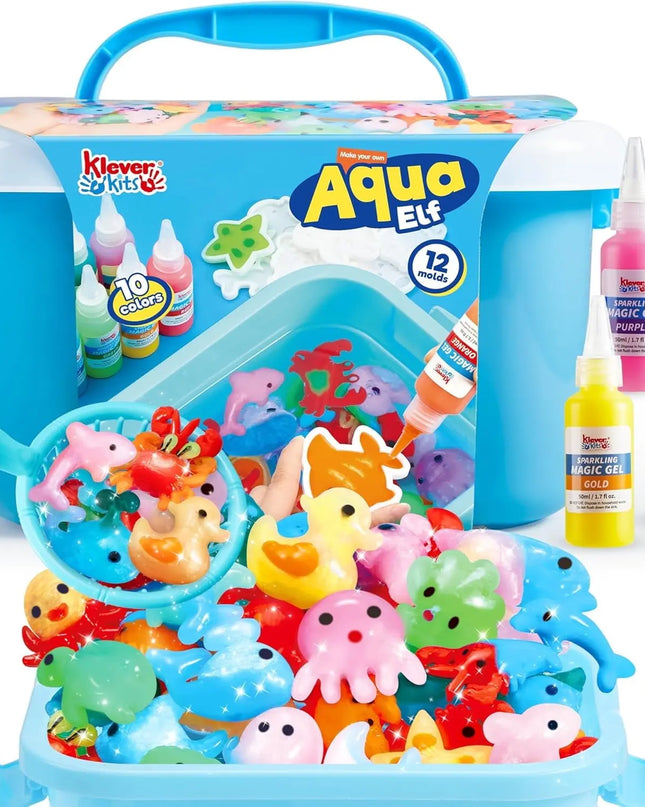 Aqua Elf toy set with colorful sea creatures and paint bottles on a white background