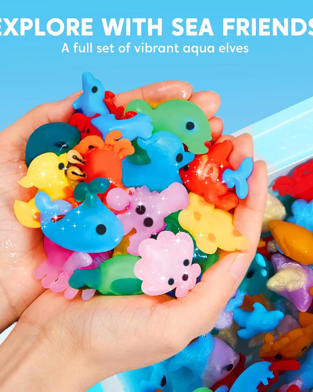 Colorful sea-themed toys held in a hand with a blue background and text 'Explore with Sea Friends'.