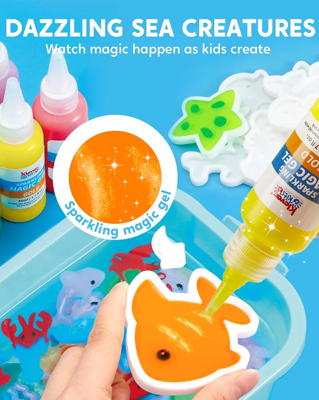 Children's craft activity with sparkling magic gel and sea creature stickers on a blue background.