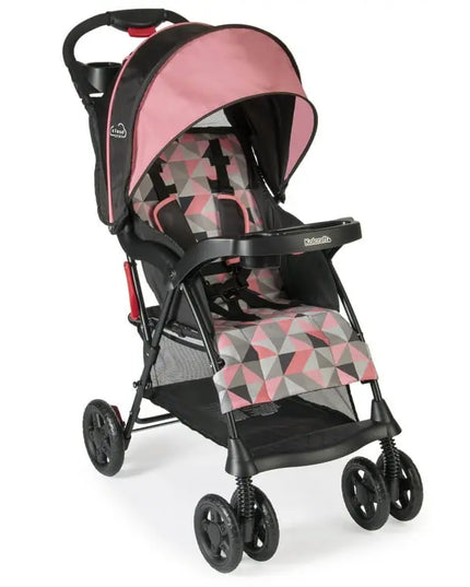 Pink and black stroller with geometric pattern on a white background
