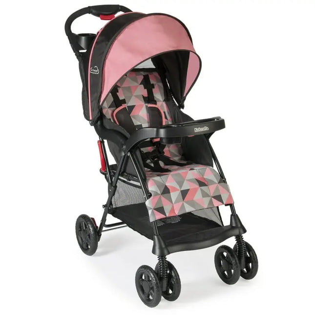 Pink and black stroller with geometric pattern on a white background