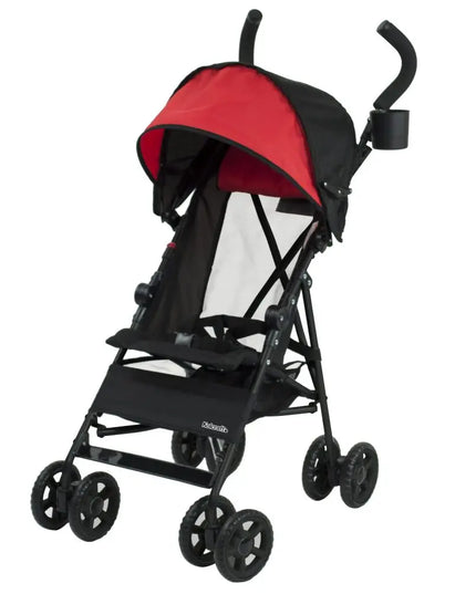 Black and red stroller on a white background