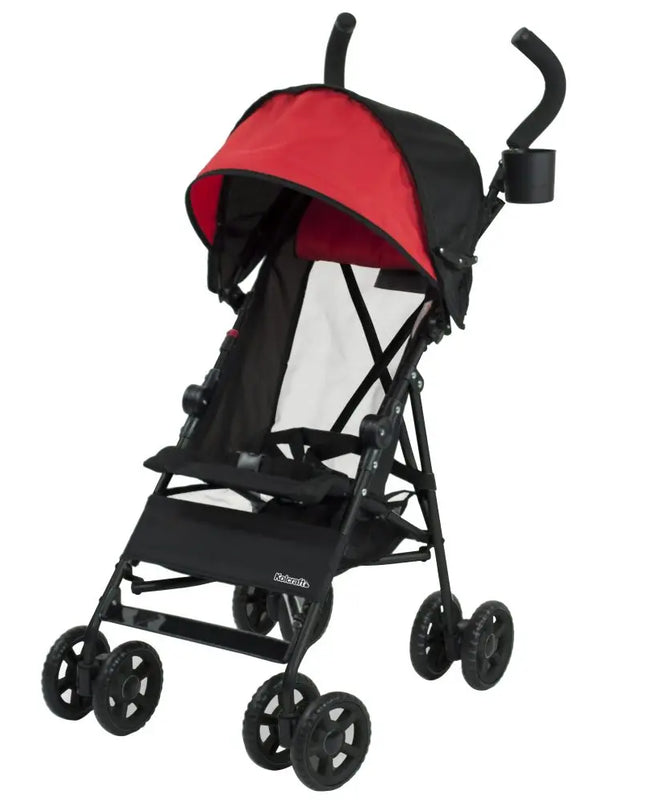 Black and red stroller on a white background