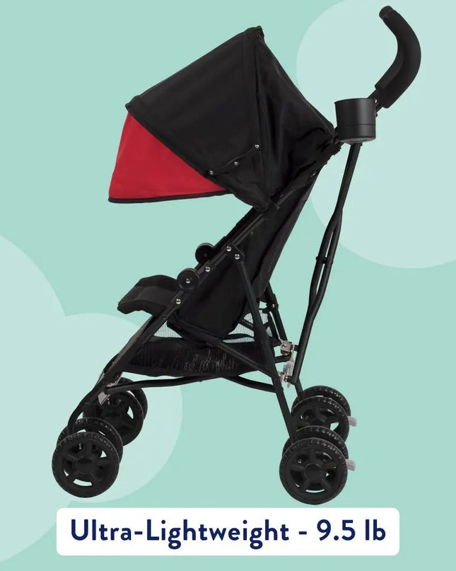Black and red stroller on a light blue background with text indicating weight.
