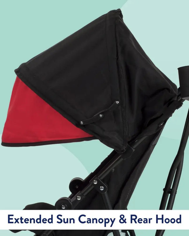 Black and red stroller canopy with extended sun canopy and rear hood on a light blue background.