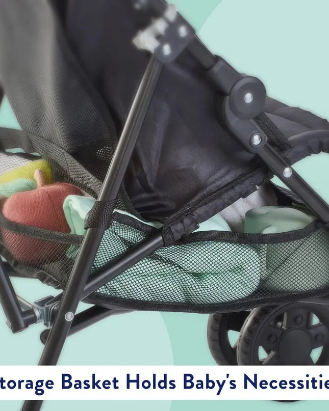 Black stroller with a storage basket on a light blue background