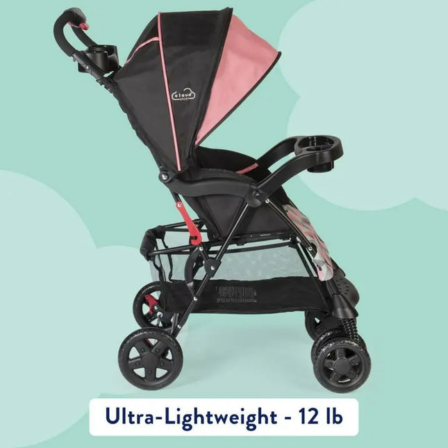 Black and pink stroller on a light green background with text indicating weight.