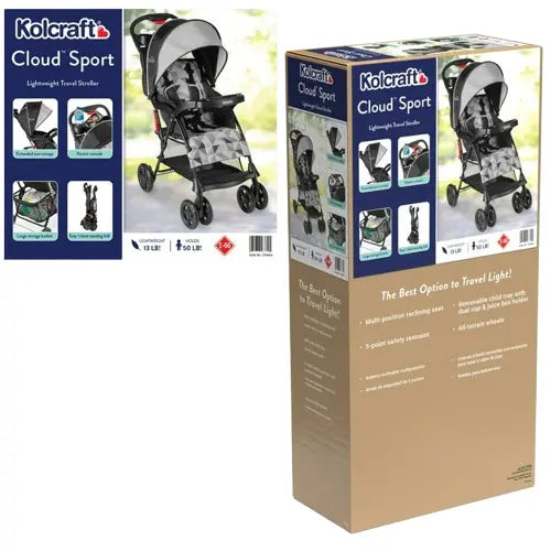 Kolcraft Cloud Sport stroller with packaging on a white background