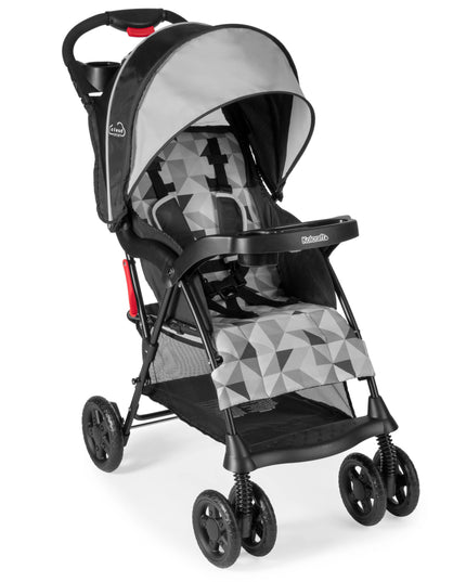 Stroller with geometric patterned seat on a white background