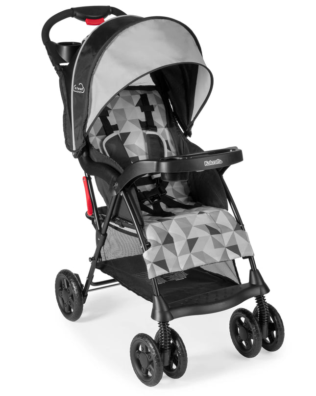 Stroller with geometric patterned seat on a white background