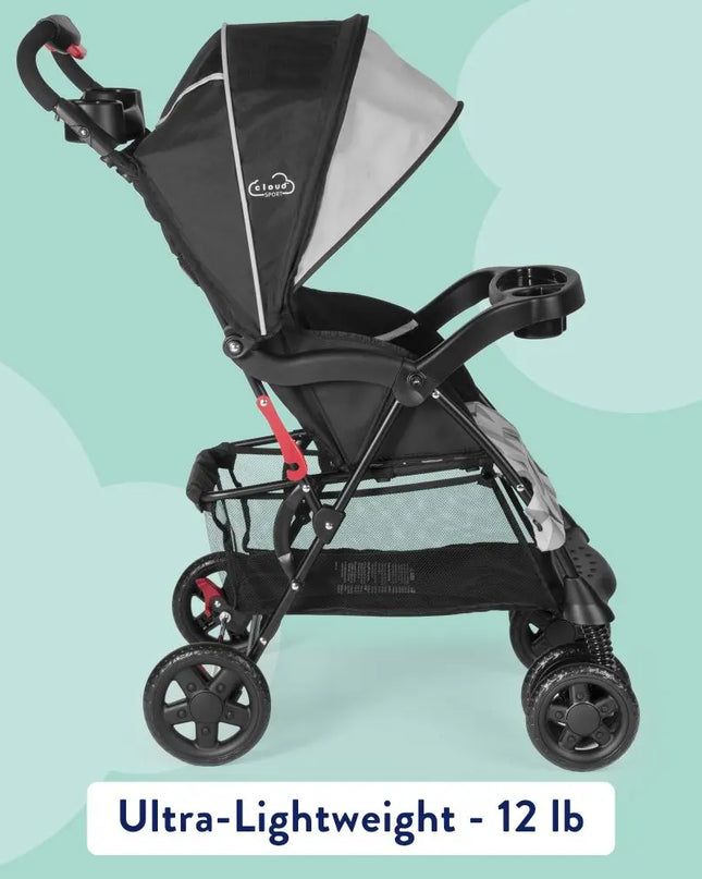 Black and gray stroller on a light green background with text indicating weight.