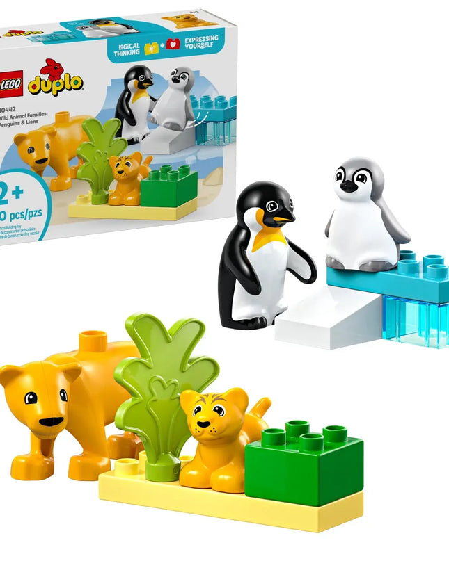 LEGO Duplo penguin and lion set with packaging on a white background