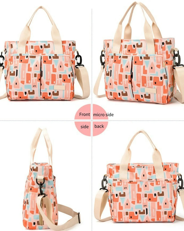Multicolored patterned bag shown from multiple angles on a white background