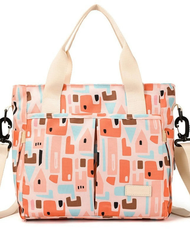 Patterned bag with beige straps on a white background