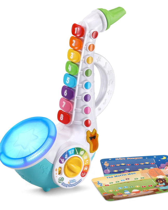 Colorful toy saxophone with educational elements on a white background
