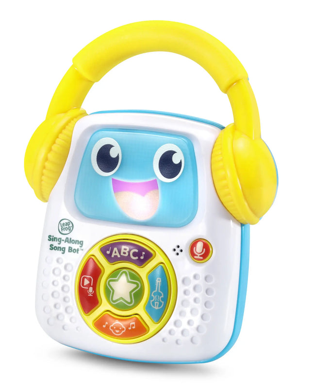 Children's toy with yellow headphones and colorful buttons on a white background