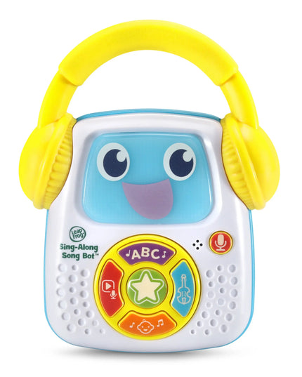 Children's toy with a face, buttons, and yellow headphones on a white background
