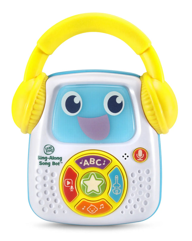 Children's toy with a face, buttons, and yellow headphones on a white background
