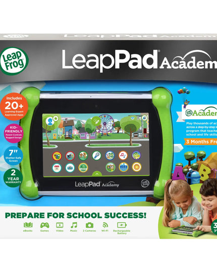 LeapPad Academy tablet packaging with children using the device on a white background