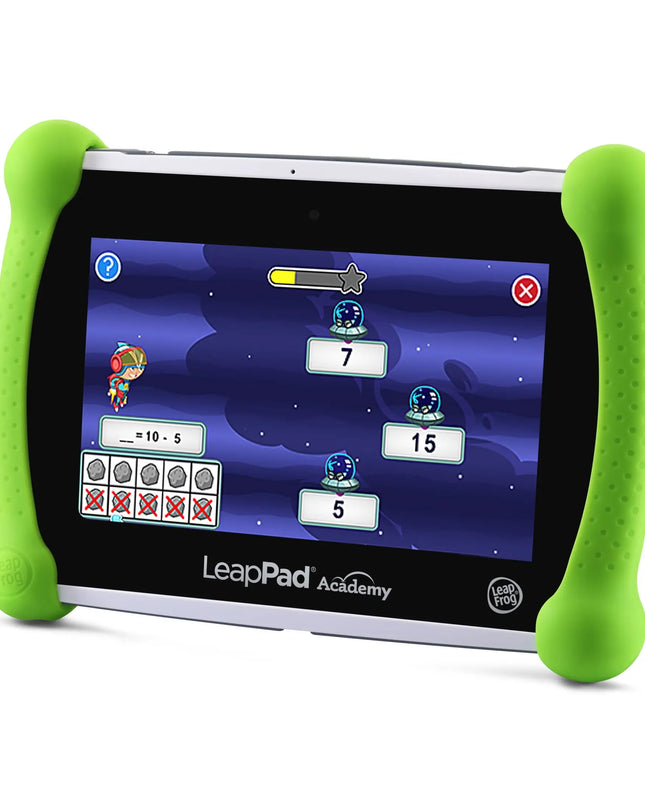LeapPad tablet with green case displaying educational game on a white background