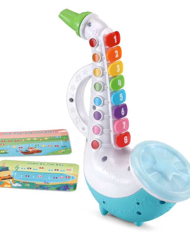 Toy saxophone with colorful keys and a blue base on a white background