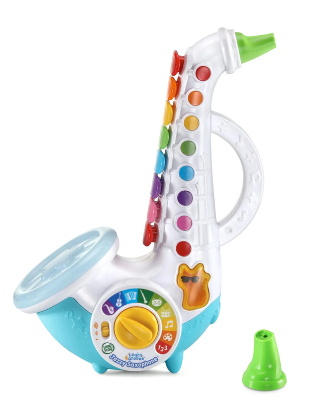 Colorful toy saxophone with various buttons on a white background