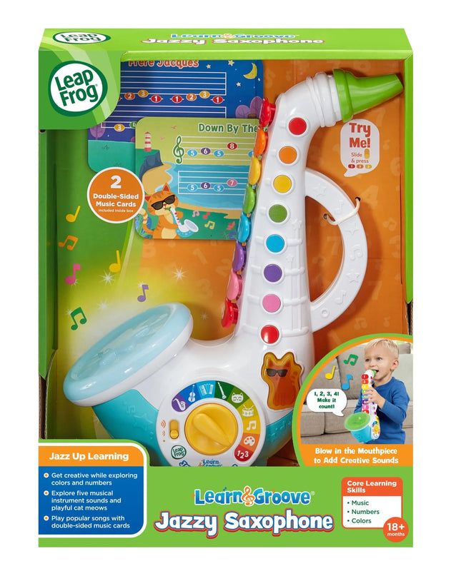 Leap Frog Jazzy Saxophone toy in packaging on a white background