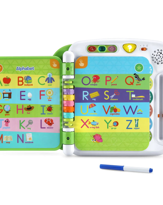 Children's educational toy with alphabet learning interface and markers on a white background