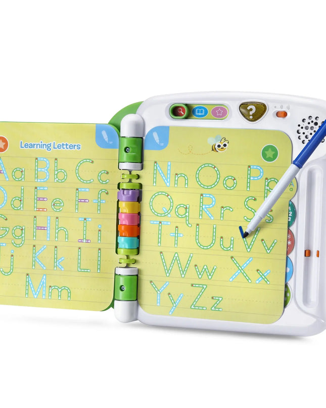 Educational toy with alphabet chart and writing tools on a white background