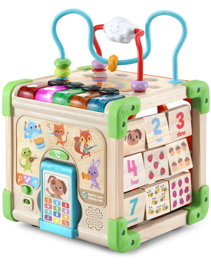 Multifunctional children's toy with various educational elements on a white background