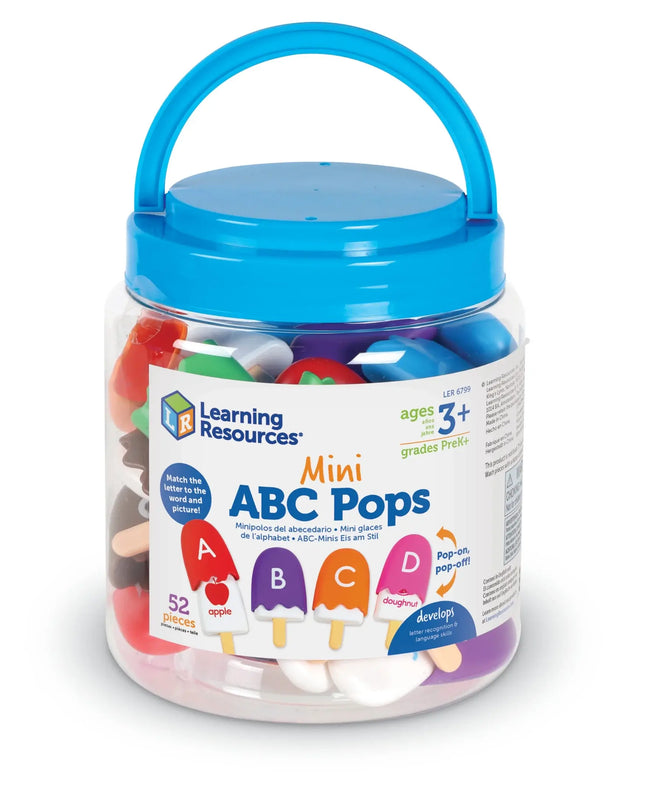 Learning Resources Mini ABC Pops educational toy in a clear container with blue lid on a white background