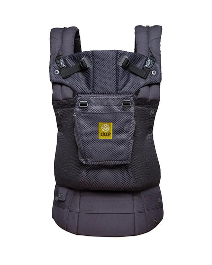 Gray baby carrier with a visible brand logo on a white background