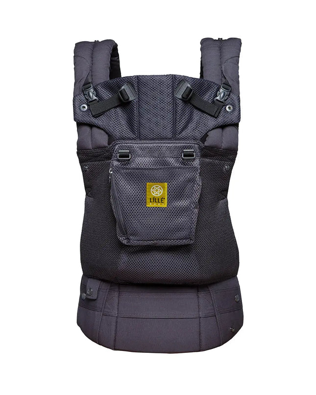 Gray baby carrier with a visible brand logo on a white background
