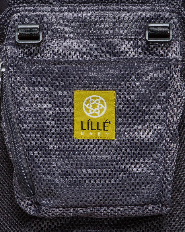 Gray mesh pocket on a carrier with a yellow Lille Baby label.