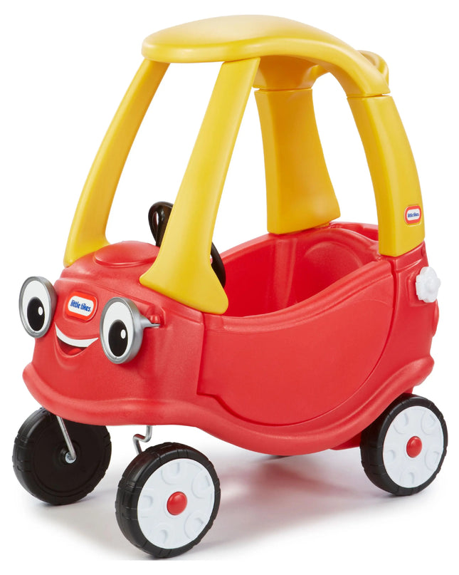 Red and yellow toy car with a smiling face on a white background