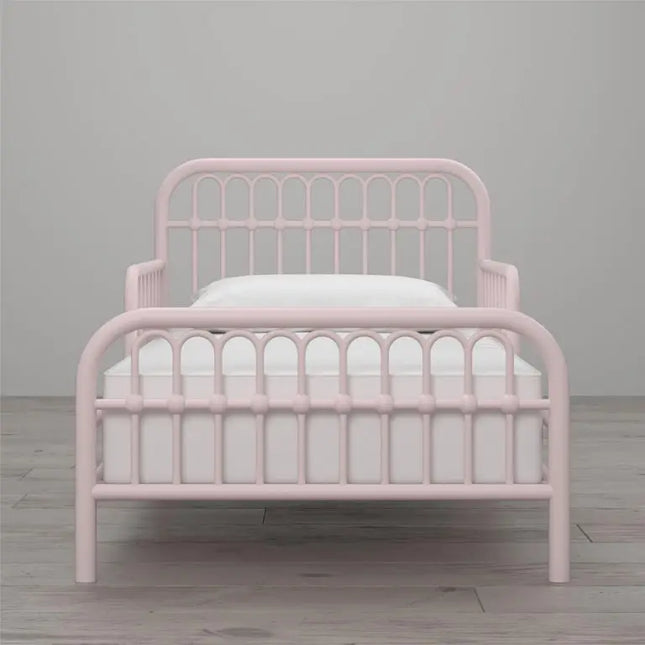 Pink metal bed frame with white mattress on a gray background