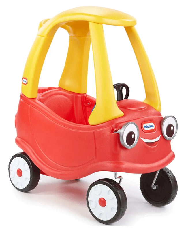 Red and yellow toy car with a smiling face on a white background