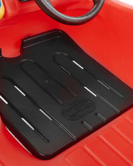 Black seat with 'Little Tikes' logo on a red toy car