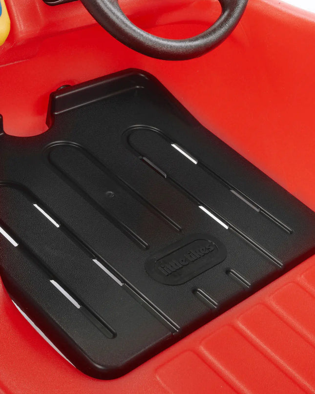 Black seat with 'Little Tikes' logo on a red toy car