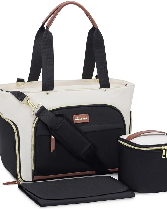 Black and white diaper bag set with a small black pouch on a white background