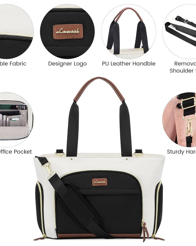 Black and white bag with features highlighted on a white background